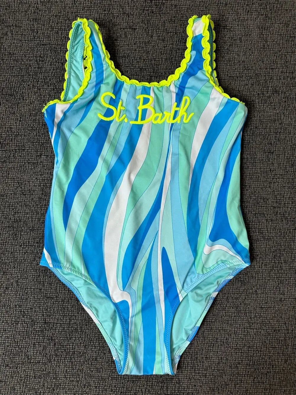 MC2 Saint Barth Girls Blue Wave Print Logo Swimsuit size 12 Made in Italy